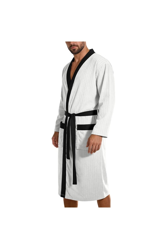 Men Contrast Trim Waffle Knit Bathrobe, Long Sleeve Knee Length Self Tie Lightweight Spa Robe with Pockets