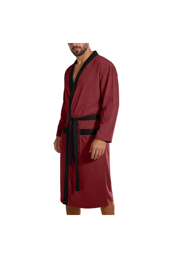 Men Contrast Trim Waffle Knit Bathrobe, Long Sleeve Knee Length Self Tie Lightweight Spa Robe with Pockets