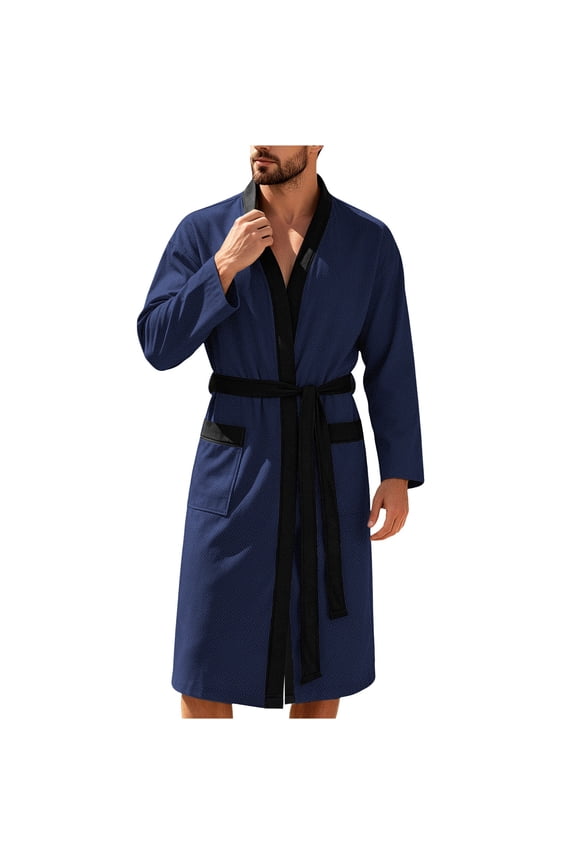 Men Contrast Trim Waffle Knit Bathrobe, Long Sleeve Knee Length Self Tie Lightweight Spa Robe with Pockets
