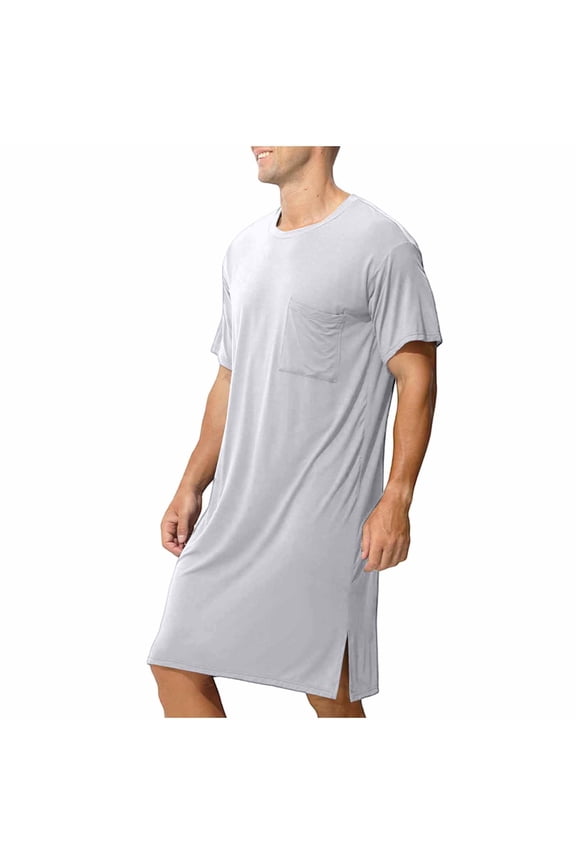 Men Crew Neck Short Sleeve Nightshirt, Loose Side Split Mid Length Pocket Sleep Tunic Loungewear