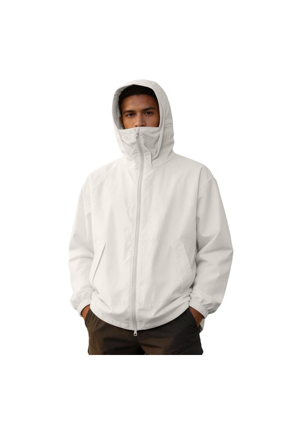 Men Full Face Mesh Mask Hooded Sun Protection Jacket, Elastic Cuff Lightweight Zip Up Outdoor Windproof Coat