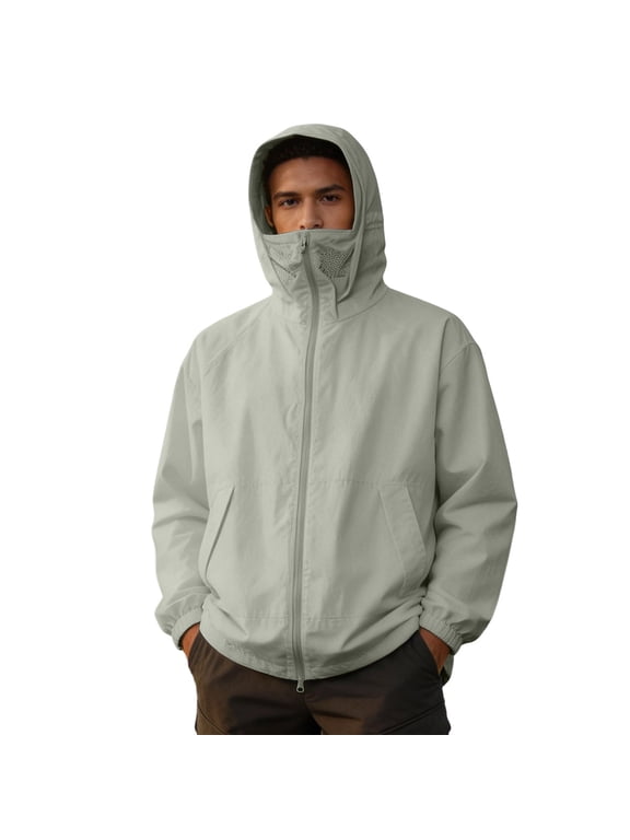 Men Full Face Mesh Mask Hooded Sun Protection Jacket, Elastic Cuff Lightweight Zip Up Outdoor Windproof Coat