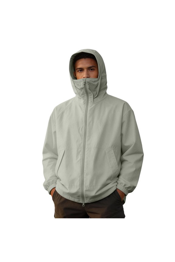 Men Full Face Mesh Mask Hooded Sun Protection Jacket, Elastic Cuff Lightweight Zip Up Outdoor Windproof Coat