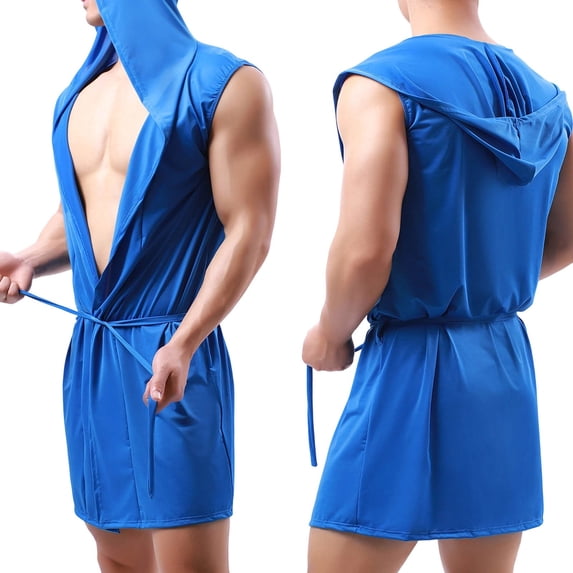 Fewfanhot Men Hooded Sleeveless Bathrobe, Quick Dry Open Front Thin Mini Length Thin Self Tie Swim Cover Up Lounge Robe