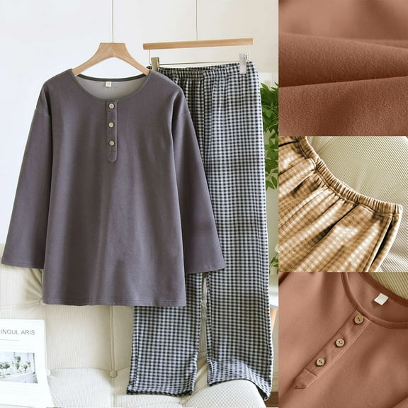 Fewfanhot Men Pajama Set Thickened Thermal Long Sleeve Sleepwear Button Down Soft Lightweight Pj Pants Set With Pockets