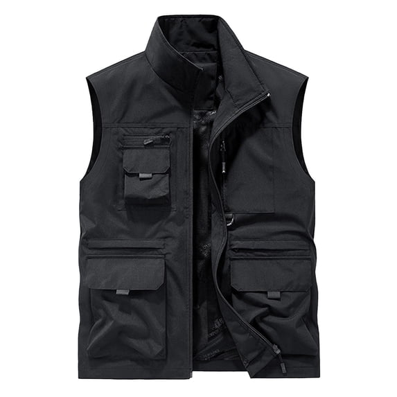 Fewfanhot Men Stand Collar Multi Pocket Zip Up Utility Vest Outdoor Fishing Hunting Sleeveless Cargo Waistcoat