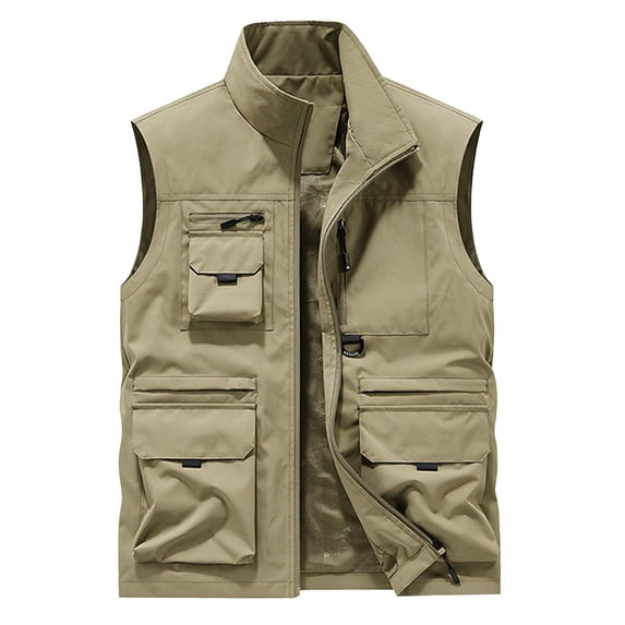 Fewfanhot Men Stand Collar Multi Pocket Zip Up Utility Vest Outdoor Fishing Hunting Sleeveless Cargo Waistcoat