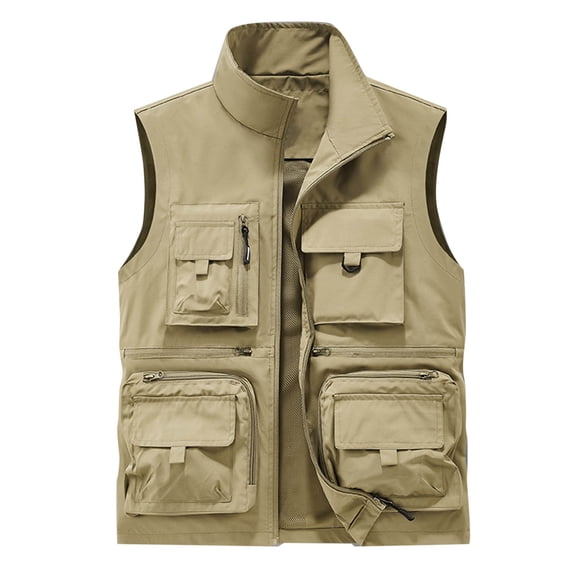 Fewfanhot Men Stand Collar Multi Zipper Pocket Utility Vest, Mesh Lined Sleeveless Fishing Photography Cargo Waistcoat