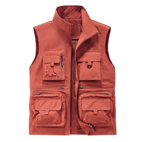 Fewfanhot Men Stand Collar Multi Zipper Pocket Utility Vest, Mesh Lined Sleeveless Fishing Photography Cargo Waistcoat