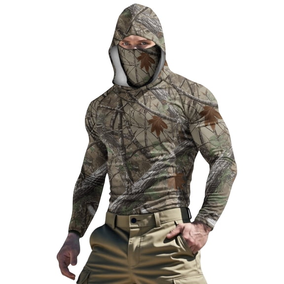 Fewfanhot Men Sweatshirt Hunting Shirts with Mask Long Sleeve Camo Fishing Hoodie