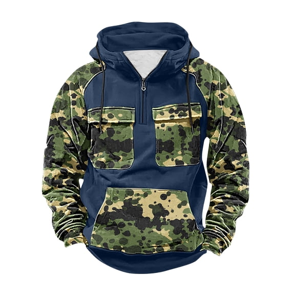 Fewfanhot Men Sweatshirt Pullover Hoodie Half Zipper Long Sleeve Contrast Color Sweatshirt with Kanga Pocket