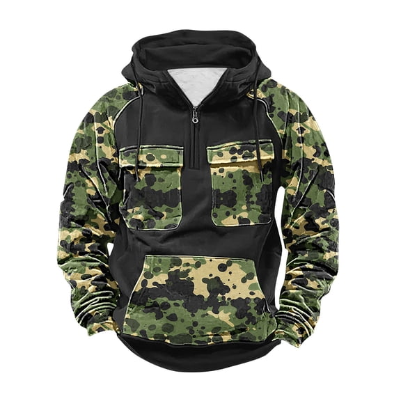 Fewfanhot Men Sweatshirt Pullover Hoodie Half Zipper Long Sleeve Contrast Color Sweatshirt with Kanga Pocket