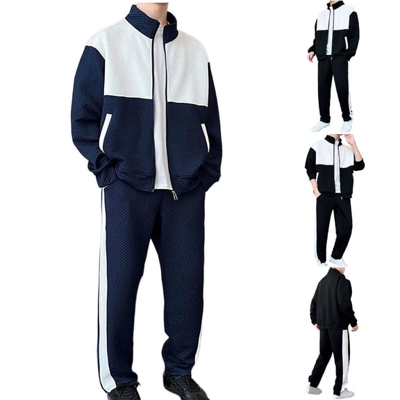 Fewfanhot Men Sweatsuits Sets 2 Piece Outfits Long Sleeve Full Zip Sports Set Stand Up Collar Jackets and Pants Running Sweatsuit