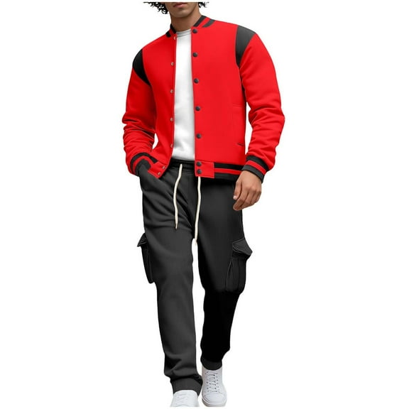 Fewfanhot Men Sweatsuits Sets Button Down Bomber Jacket Matching Cargo Sweatpants Set with Pockets Loose Athletic 2 Piece Outfits
