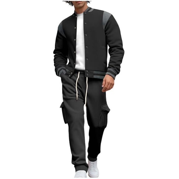 Fewfanhot Men Sweatsuits Sets Button Down Bomber Jacket Matching Cargo Sweatpants Set with Pockets Loose Athletic 2 Piece Outfits