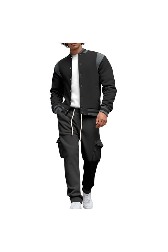Men Sweatsuits Sets Button Down Bomber Jacket Matching Cargo Sweatpants Set with Pockets Loose Athletic 2 Piece Outfits