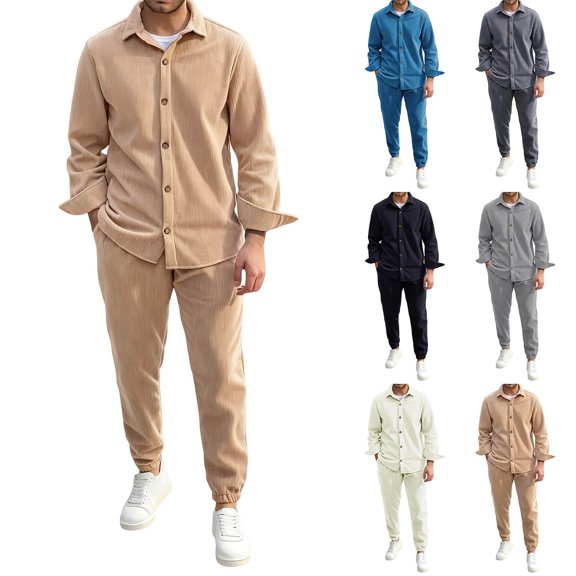 Fewfanhot Men Sweatsuits Sets Cargo Jacket Tracksuit Set 2 Pieces Solid Color Long Sleeve Button up Jacket and Cargo Pants Set