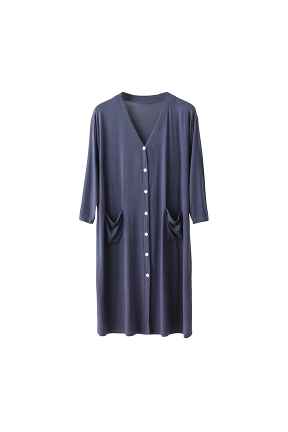Men V Neck Button Front Nightgown, 3/4 Sleeve Modal Loose Mid Length Sleep Robe with Pockets