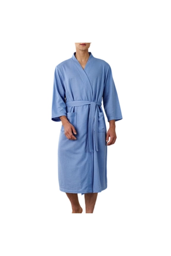 Men Waffle Weave Bathrobe 3/4 Sleeve Knee Length Self Tie Lightweight Cotton Spa Robe with Pockets