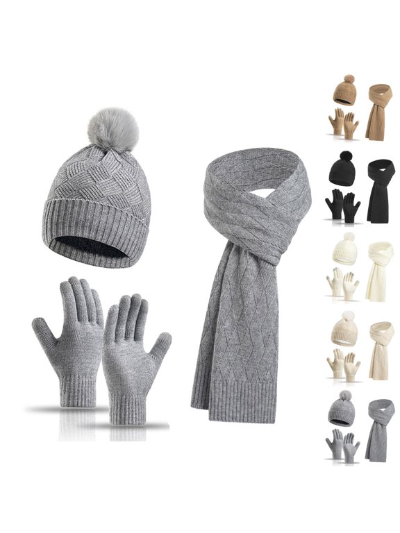 Men’s 3‑Piece Winter Knit Accessory Set, Pom‑pom Beanie Hat, Scarf and Gloves Kit, Stretch Warm Knitted Set for Cold Weather Outdoor Wear