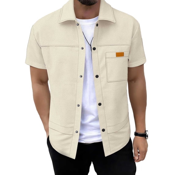 Fewfanhot Men's Big and Tall Linen Blend Short Sleeve Button-Down Shirt, Casual Camp Collar Shirt with Chest Pocket, Breathable Summer Top, S-3XL