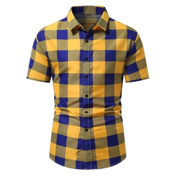 Fewfanhot Men's Big and Tall Plaid Button Down Shirt, Short Sleeve Collared Loose Fit Casual Top with Chest Pocket, Summer Fashion Blouse, S-3XL