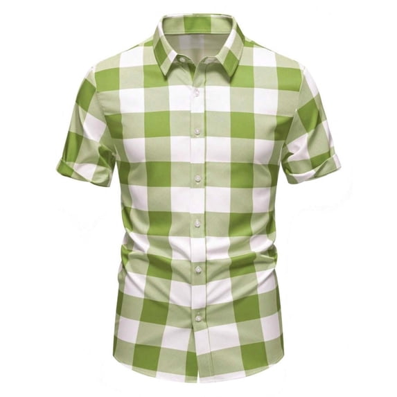 Fewfanhot Men's Big and Tall Plaid Button Down Shirt, Short Sleeve Collared Loose Fit Casual Top with Chest Pocket, Summer Fashion Blouse, S-3XL