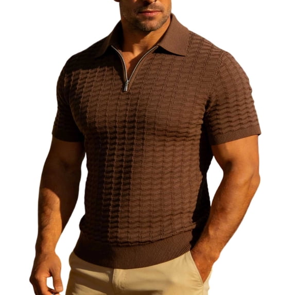 Fewfanhot Men's Big and Tall Solid Knit P0L0 Shirt, Collared Zipper Short Sleeve Business Casual Pullover Top, S-3XL