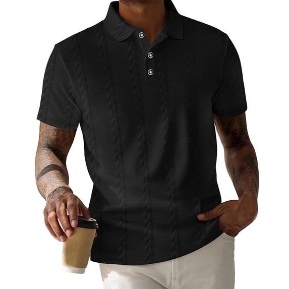 Fewfanhot Men's Cable-Knit Textured Collared Short Sleeve Top, Casual 3-Button Shirt, Breathable Summer Tee Tops, S-3XL