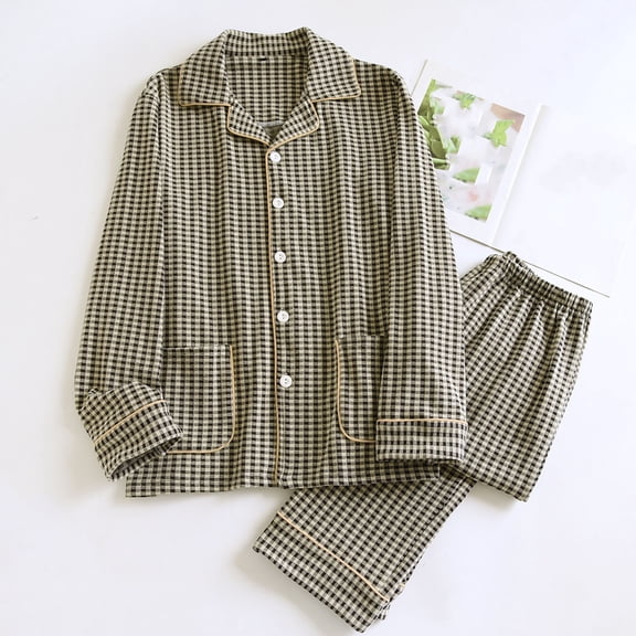 Fewfanhot Men's Casual Pajama Set - Plaid Printed Long Sleeved Lapel Top with Pockets & Elastic Waist Straight Leg Pants