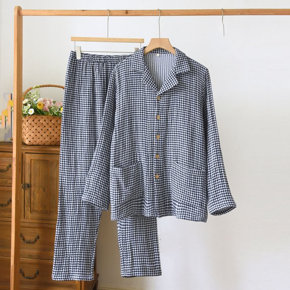 Fewfanhot Men's Casual Pajama Set - Plaid Printed Long Sleeved Lapel Top with Pockets & Elastic Waist Straight Leg Pants