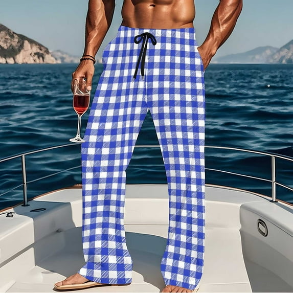 Fewfanhot Men's Casual Plaid Pajama Pants - Vintage Style Sleepwear Loose Leisure Sports Elastic Straight Trousers with Pockets