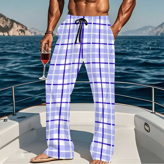 Fewfanhot Men's Casual Plaid Pajama Pants - Vintage Style Sleepwear Loose Leisure Sports Elastic Straight Trousers with Pockets