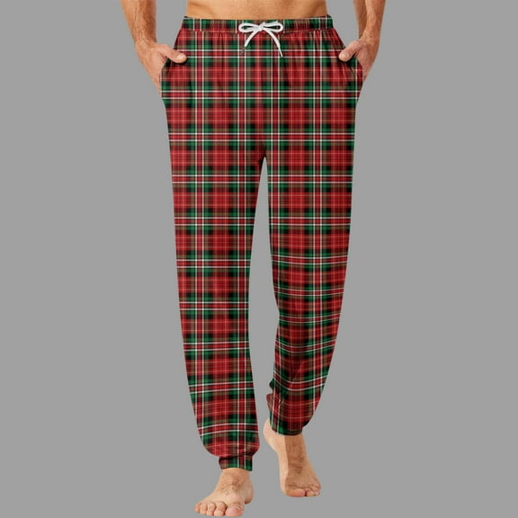 Fewfanhot Men's Checkered Lounge Pants - Printed Design Elastic Waistband Bottoms with Drawstring and Pocket for Comfortable Sleepwear