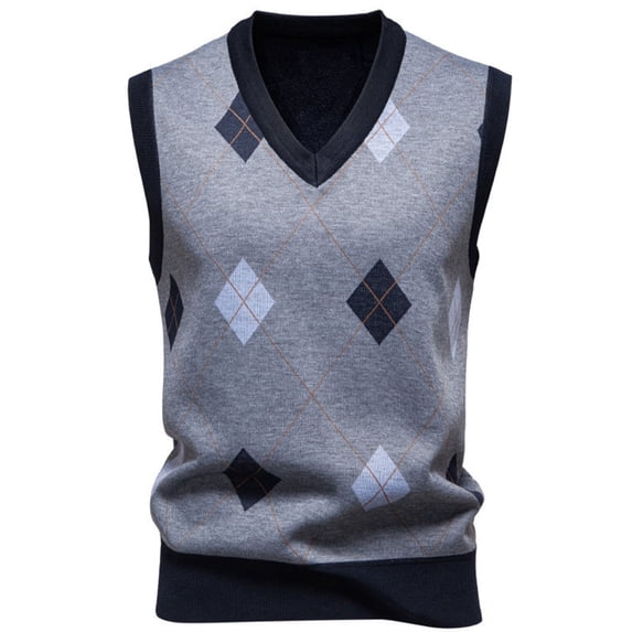 Fewfanhot Men's Checkered Print V-Neck Knit Sleeveless Sweater, Casual Pullover Vest Layering