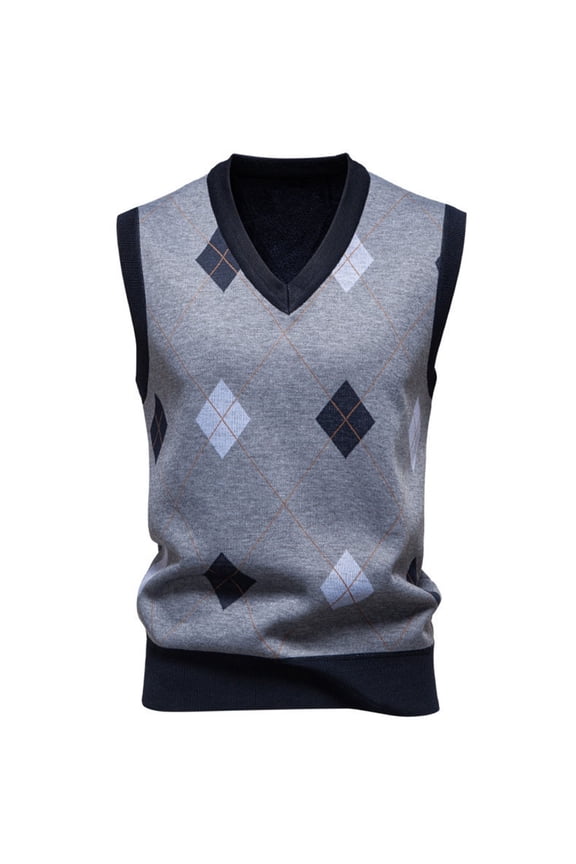Men's Checkered Print V-Neck Knit Sleeveless Sweater, Casual Pullover Vest Layering