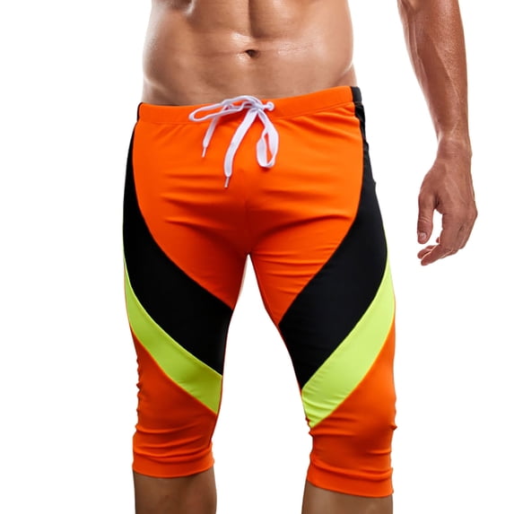 Fewfanhot Men's Color Block Knee-Length Swim Trunks, Quick Dry Athletic Jammer Shorts, Stretchy Drawstring Bottoms for Men Summer Beach & Sports