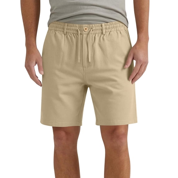 Fewfanhot Men’s Cotton Linen Pocket Shorts Drawstring Elastic Waist Straight Leg Solid Color Knee Length Casual Mid Length Outdoor Short Pants