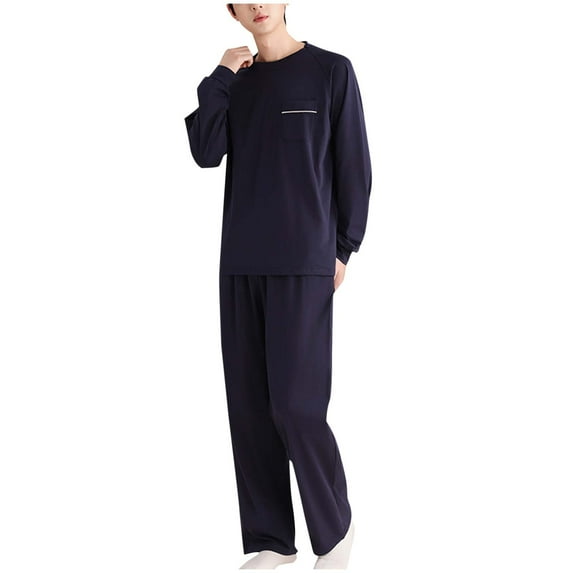 Fewfanhot Men's Cotton Long Sleeve Pajama Set with Pockets, Button Down Collared Shirt and Lounge Pants, Classic Sleepwear Nightshirt for Men Home Comfort