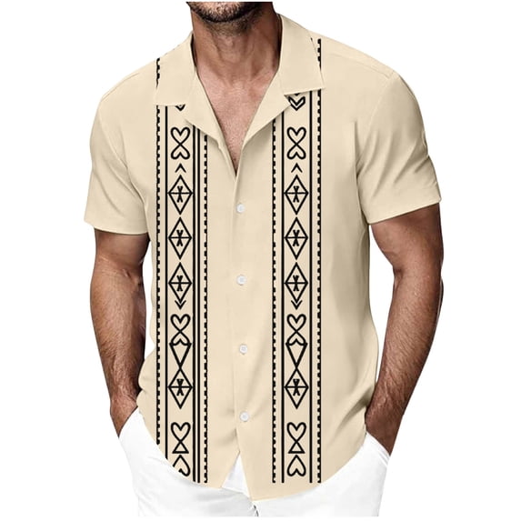 Fewfanhot Men's Cuban Collar Button-Down Shirt, Ethnic Print Short Sleeve Casual Summer Shirt, Multi-Color Guayabera Style Beach Shirt, S-3XL