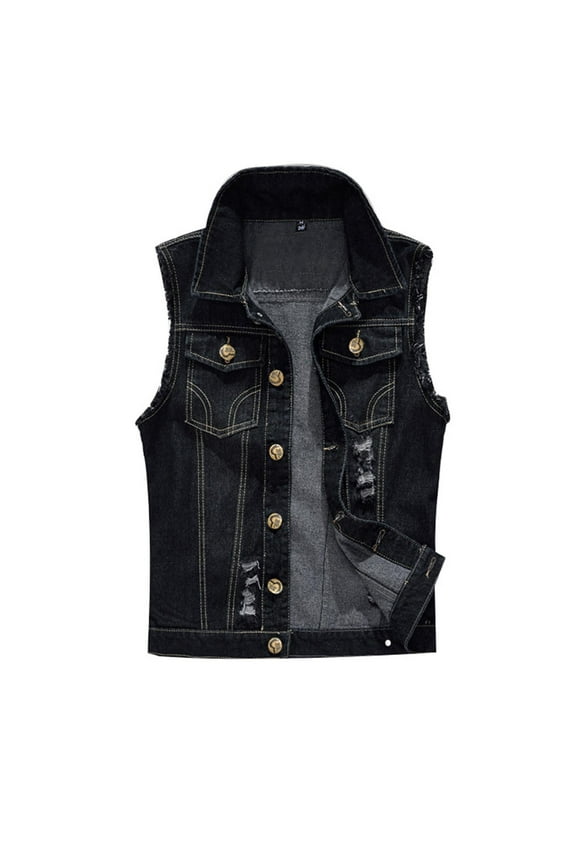 Men's Distressed Denim Vest Sleeveless Button Up Jacket, Ripped and Frayed Edges Summer Jean for Edgy Biker and Rock-Style Fashion