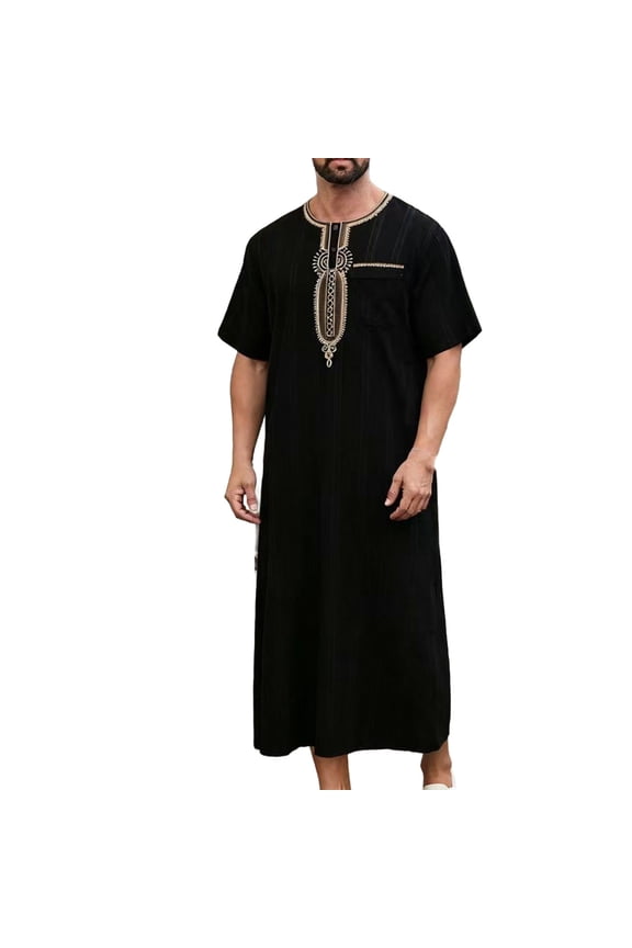 Men's Embroidered Short Sleeve Muslim Thobe, Black Traditional Islamic Jubba Kaftan Robe with Pockets, S-2XL