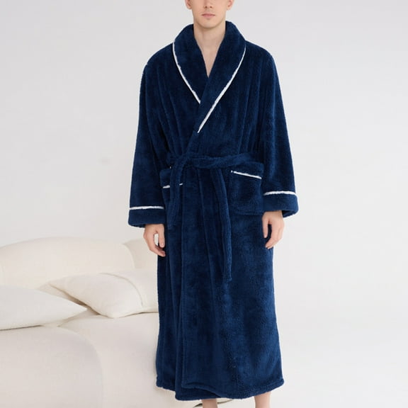 Fewfanhot Men's Fleece Lined Sleep Shirt - Lapel Collar Long Sleeve Solid Color Warm Pajama for Cozy Evenings and Lounging