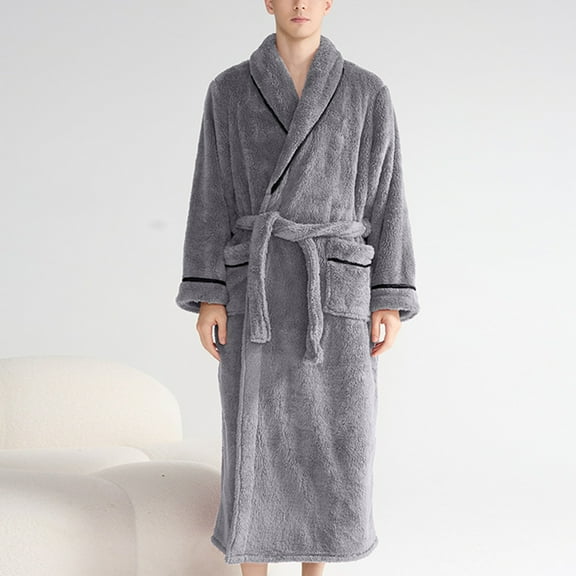 Fewfanhot Men's Fleece Lined Sleep Shirt - Lapel Collar Long Sleeve Solid Color Warm Pajama for Cozy Evenings and Lounging