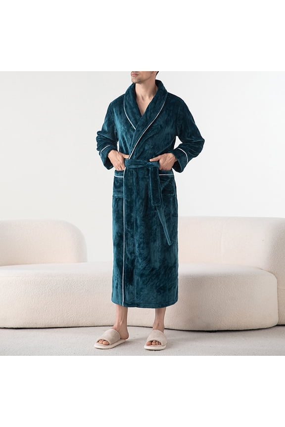 Fewfanhot Men's Full-Length Solid Color Plush Fleece Robe with Front Pockets Self-Tie Belt Bathrobe for Casual Home Wear