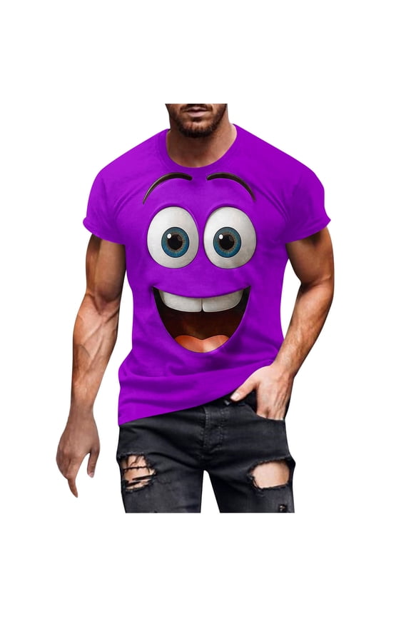 Men's Funny Smile Face Graphic T-Shirt, Novelty Cartoon Short Sleeve Crew Neck Casual Summer Top, M-4XL
