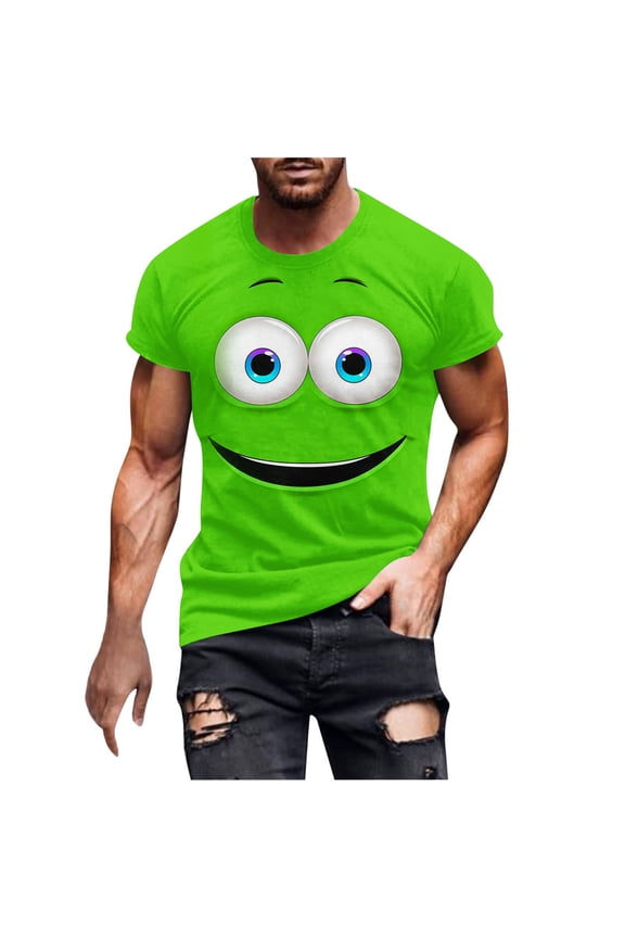 Men's Funny Smile Face Graphic T-Shirt, Novelty Cartoon Short Sleeve Crew Neck Casual Summer Top, S-4XL