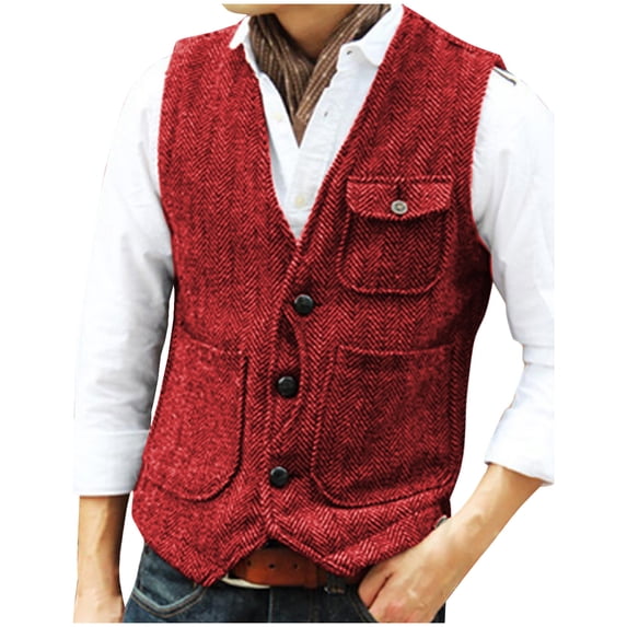 Fewfanhot Men's Herringbone Tweed Vest Classic V Neck Suit Waistcoat Button Up Formal Wear for Business, Wedding, and Casual Layering