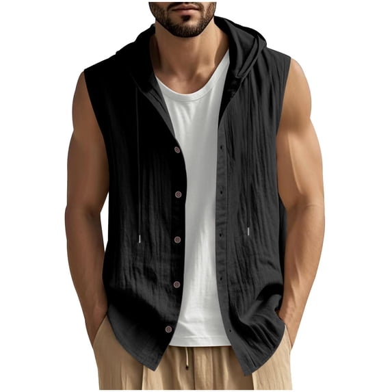 Fewfanhot Men's Hooded Sleeveless Cardigan Button Front Open Style Tank Top Lightweight Layer for Beach, Lounge and Summer Evenings