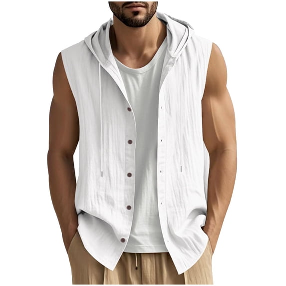 Fewfanhot Men's Hooded Sleeveless Cardigan Button Front Open Style Tank Top Lightweight Layer for Beach, Lounge and Summer Evenings
